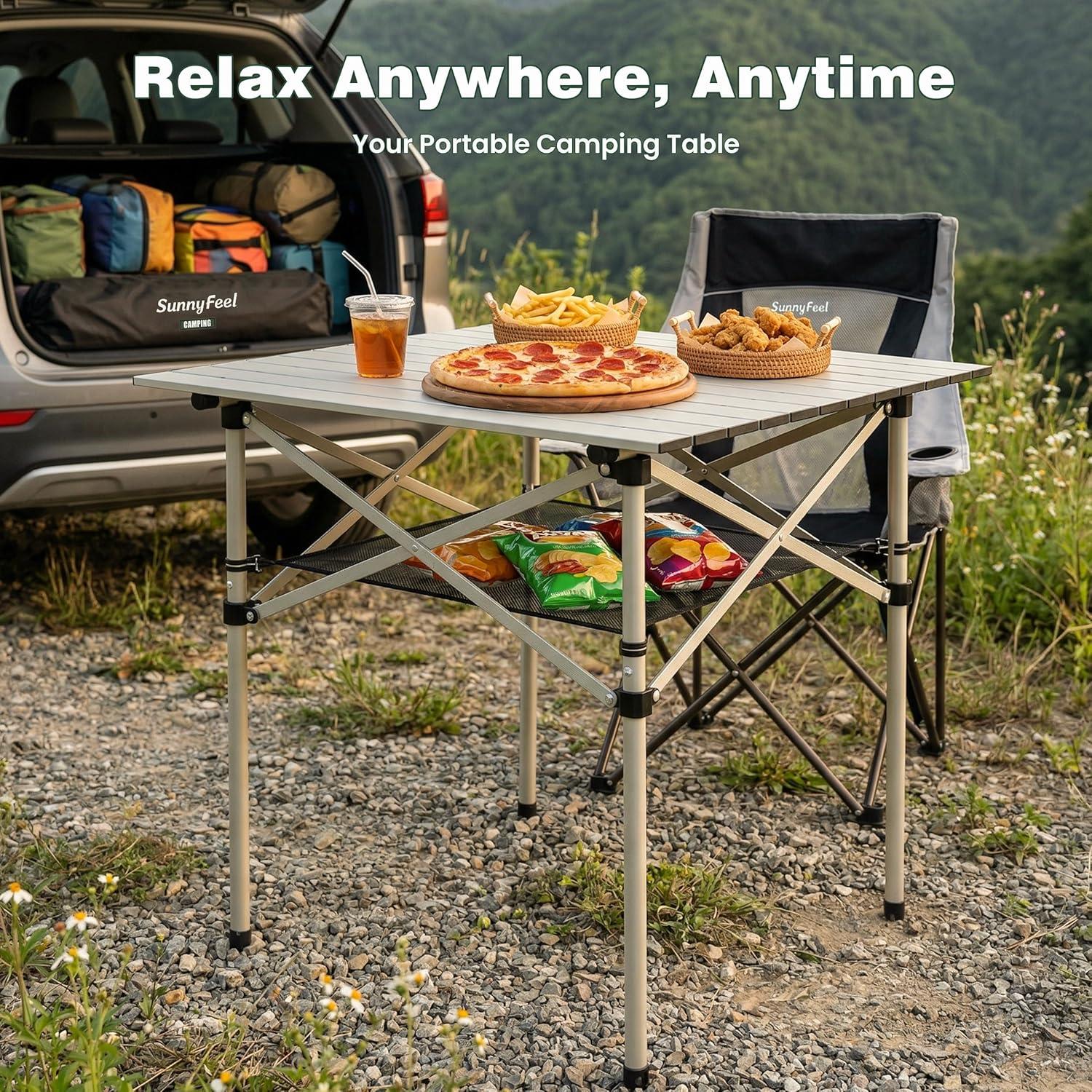 image:imageSUNNYFEEL Aluminum Folding Table for Camping Lightweight Roll Up Top Portable Camp Tables with Carry Bag for Outdoor Picnic Square BrownXlgrey1set