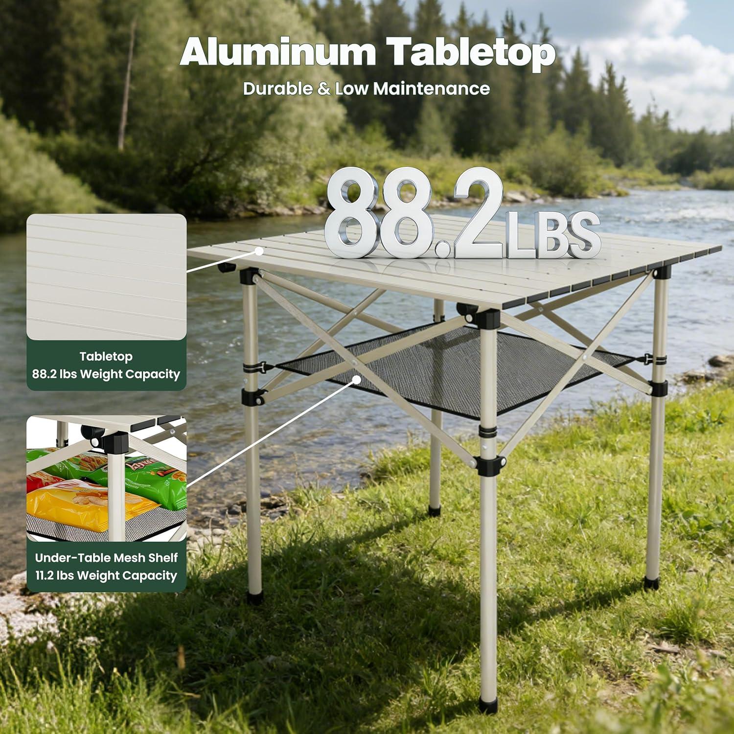 image:imageSUNNYFEEL Aluminum Folding Table for Camping Lightweight Roll Up Top Portable Camp Tables with Carry Bag for Outdoor Picnic Square BrownXlgrey1set