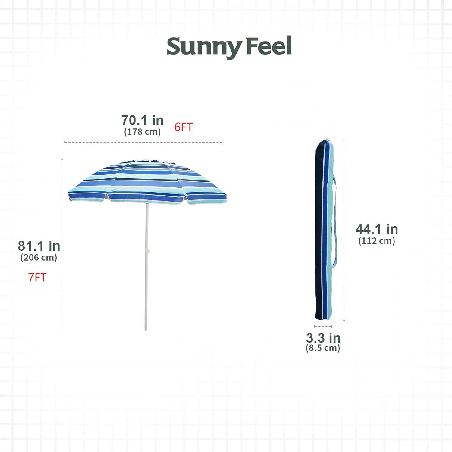 image:imageSUNNYFEEL Beach Umbrella 6ft Portable Outdoor Umbrellas with Carry Bag Sand Anchor Push Button Tilt Pole UPF50 UV Protection Windproof Sunshade Parasol for Beach Patio Yard Garden