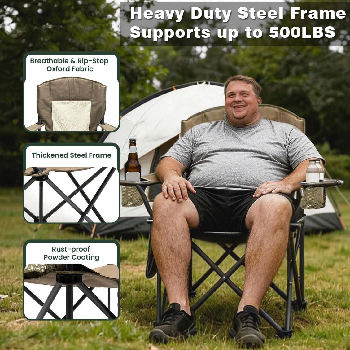 image:imageSUNNYFEEL Camping Chairs for Adults Padded Oversized Camping Chair Heavy Duty 500LBS Portable Lawn Chair with Cup Holder Side PocketampBag for Outdoor CampingBeachPicnicFishing BlackKhakimesh 1pc