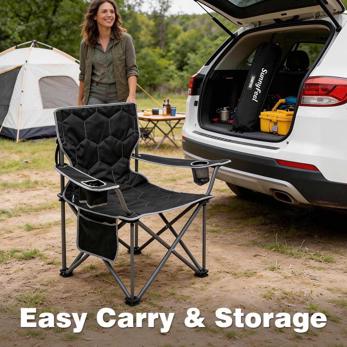 image:imageSUNNYFEEL Camping Chairs for Adults Padded Oversized Camping Chair Heavy Duty 500LBS Portable Lawn Chair with Cup Holder Side PocketampBag for Outdoor CampingBeachPicnicFishing BlackBlack1pc