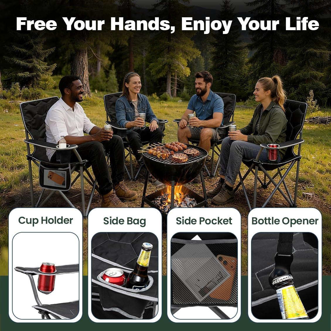 image:imageSUNNYFEEL Camping Chairs for Adults Padded Oversized Camping Chair Heavy Duty 500LBS Portable Lawn Chair with Cup Holder Side PocketampBag for Outdoor CampingBeachPicnicFishing BlackBlack 2500lbs2pc