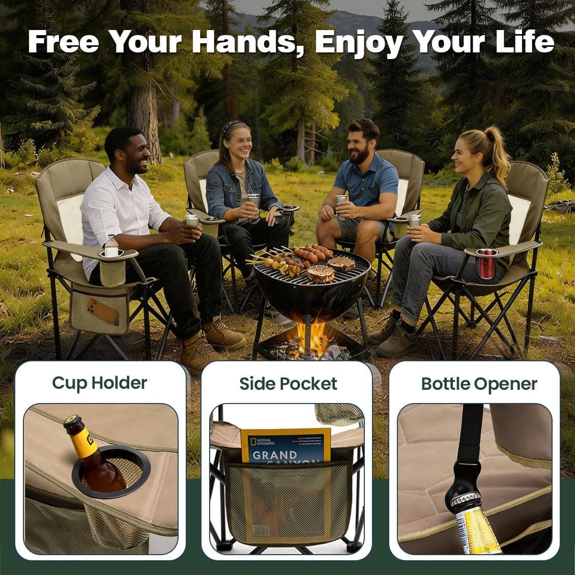 image:imageSUNNYFEEL Camping Chairs for Adults Padded Oversized Camping Chair Heavy Duty 500LBS Portable Lawn Chair with Cup Holder Side PocketampBag for Outdoor CampingBeachPicnicFishing BlackKhakimesh 1pc