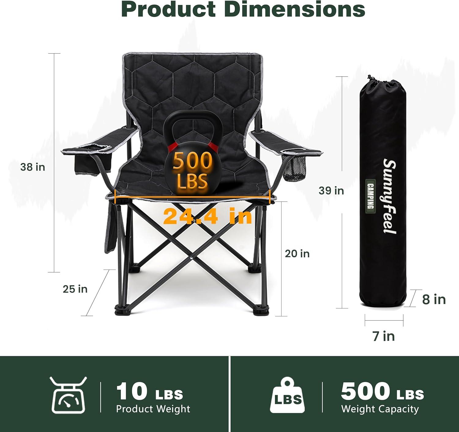 image:imageSUNNYFEEL Camping Chairs for Adults Padded Oversized Camping Chair Heavy Duty 500LBS Portable Lawn Chair with Cup Holder Side PocketampBag for Outdoor CampingBeachPicnicFishing BlackBlack 2500lbs2pc