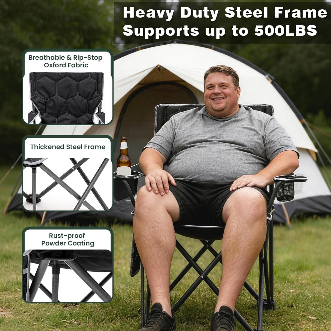 image:imageSUNNYFEEL Camping Chairs for Adults Padded Oversized Camping Chair Heavy Duty 500LBS Portable Lawn Chair with Cup Holder Side PocketampBag for Outdoor CampingBeachPicnicFishing BlackBlack 2500lbs2pc