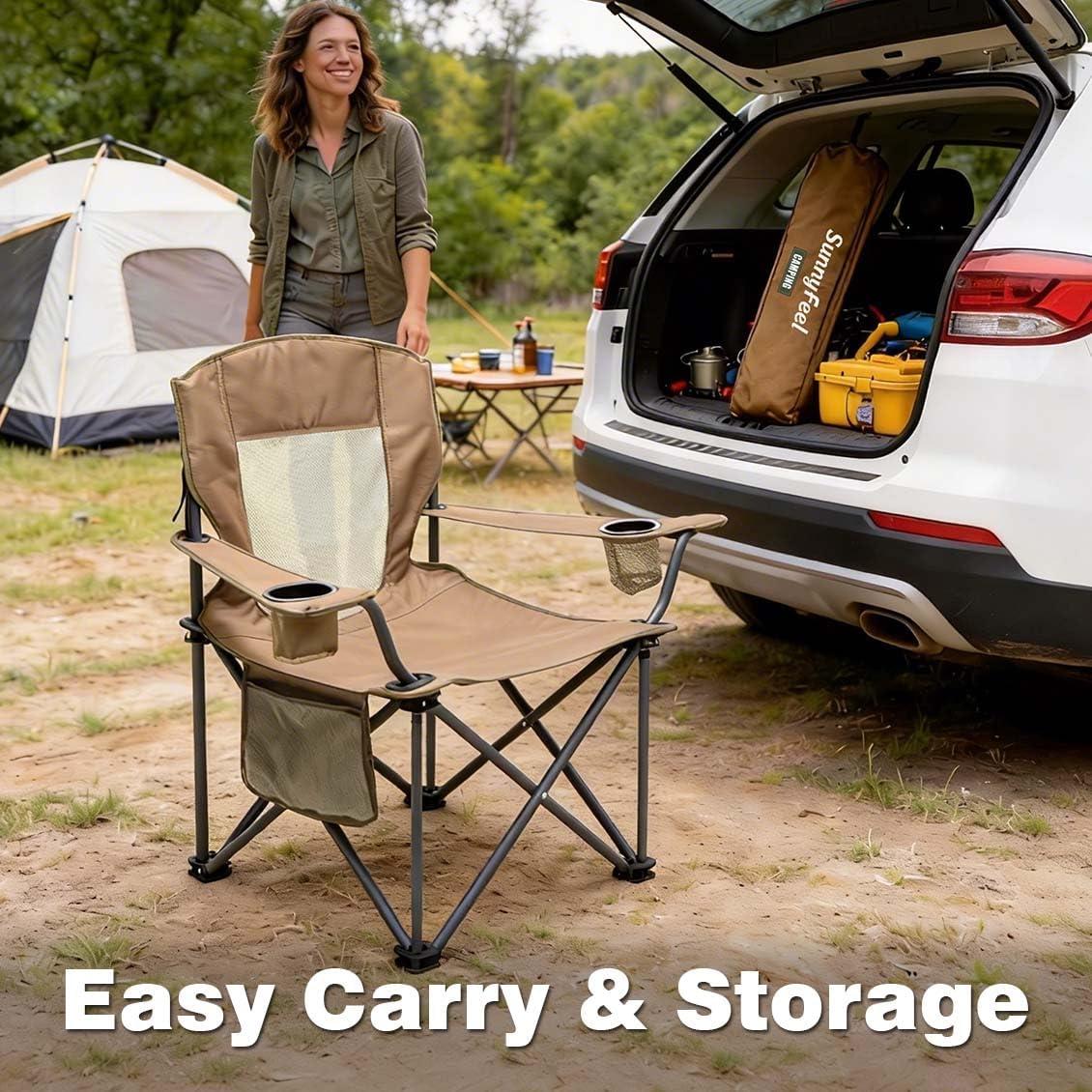 image:imageSUNNYFEEL Camping Chairs for Adults Padded Oversized Camping Chair Heavy Duty 500LBS Portable Lawn Chair with Cup Holder Side PocketampBag for Outdoor CampingBeachPicnicFishing BlackKhakimesh 1pc