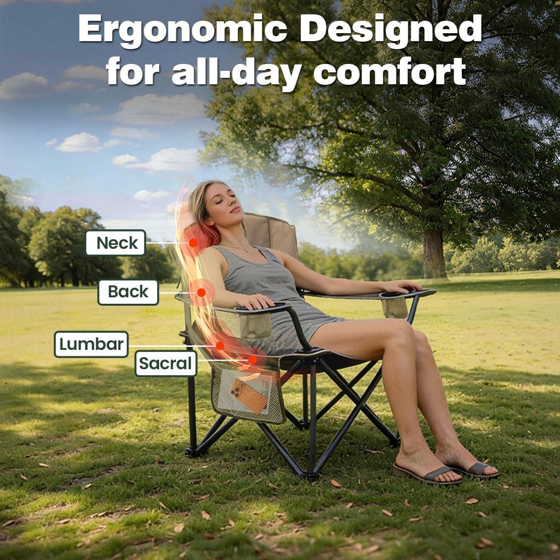 image:imageSUNNYFEEL Camping Chairs for Adults Padded Oversized Camping Chair Heavy Duty 500LBS Portable Lawn Chair with Cup Holder Side PocketampBag for Outdoor CampingBeachPicnicFishing BlackKhakimesh 1pc