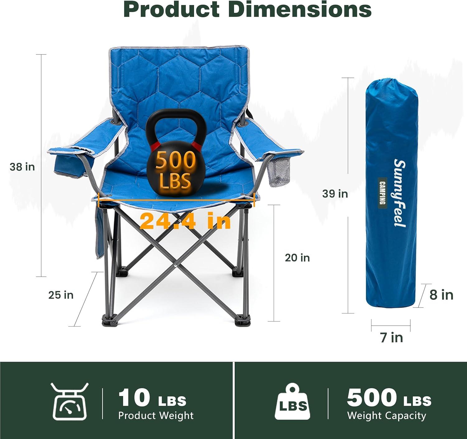 image:imageSUNNYFEEL Camping Chairs for Adults Padded Oversized Camping Chair Heavy Duty 500LBS Portable Lawn Chair with Cup Holder Side PocketampBag for Outdoor CampingBeachPicnicFishing Blue