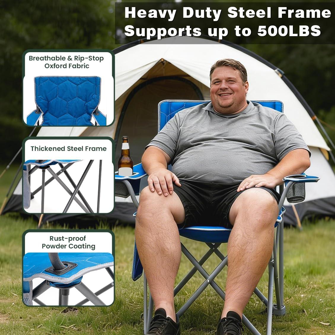 image:imageSUNNYFEEL Camping Chairs for Adults Padded Oversized Camping Chair Heavy Duty 500LBS Portable Lawn Chair with Cup Holder Side PocketampBag for Outdoor CampingBeachPicnicFishing Blue