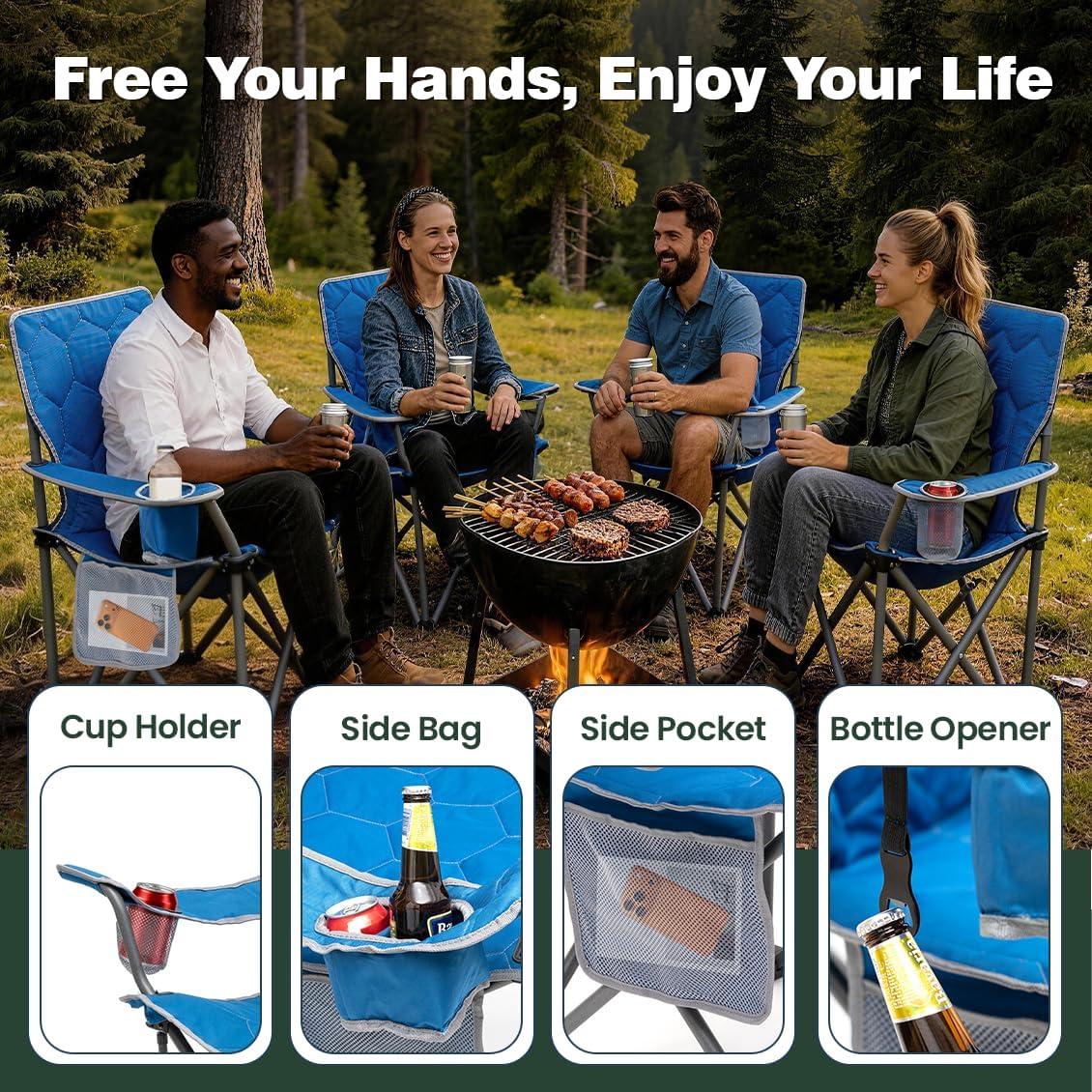 image:imageSUNNYFEEL Camping Chairs for Adults Padded Oversized Camping Chair Heavy Duty 500LBS Portable Lawn Chair with Cup Holder Side PocketampBag for Outdoor CampingBeachPicnicFishing Blue