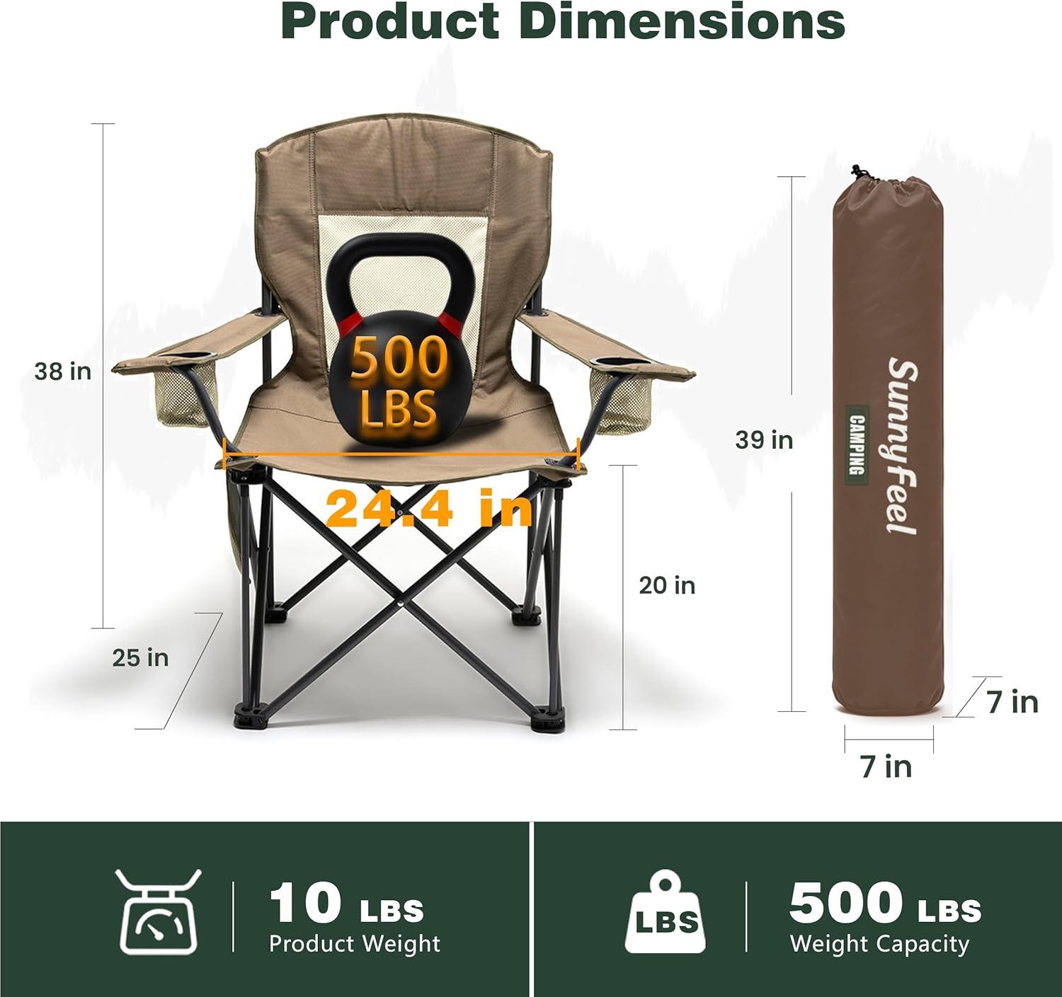 image:imageSUNNYFEEL Camping Chairs for Adults Padded Oversized Camping Chair Heavy Duty 500LBS Portable Lawn Chair with Cup Holder Side PocketampBag for Outdoor CampingBeachPicnicFishing BlackKhakimesh 1pc
