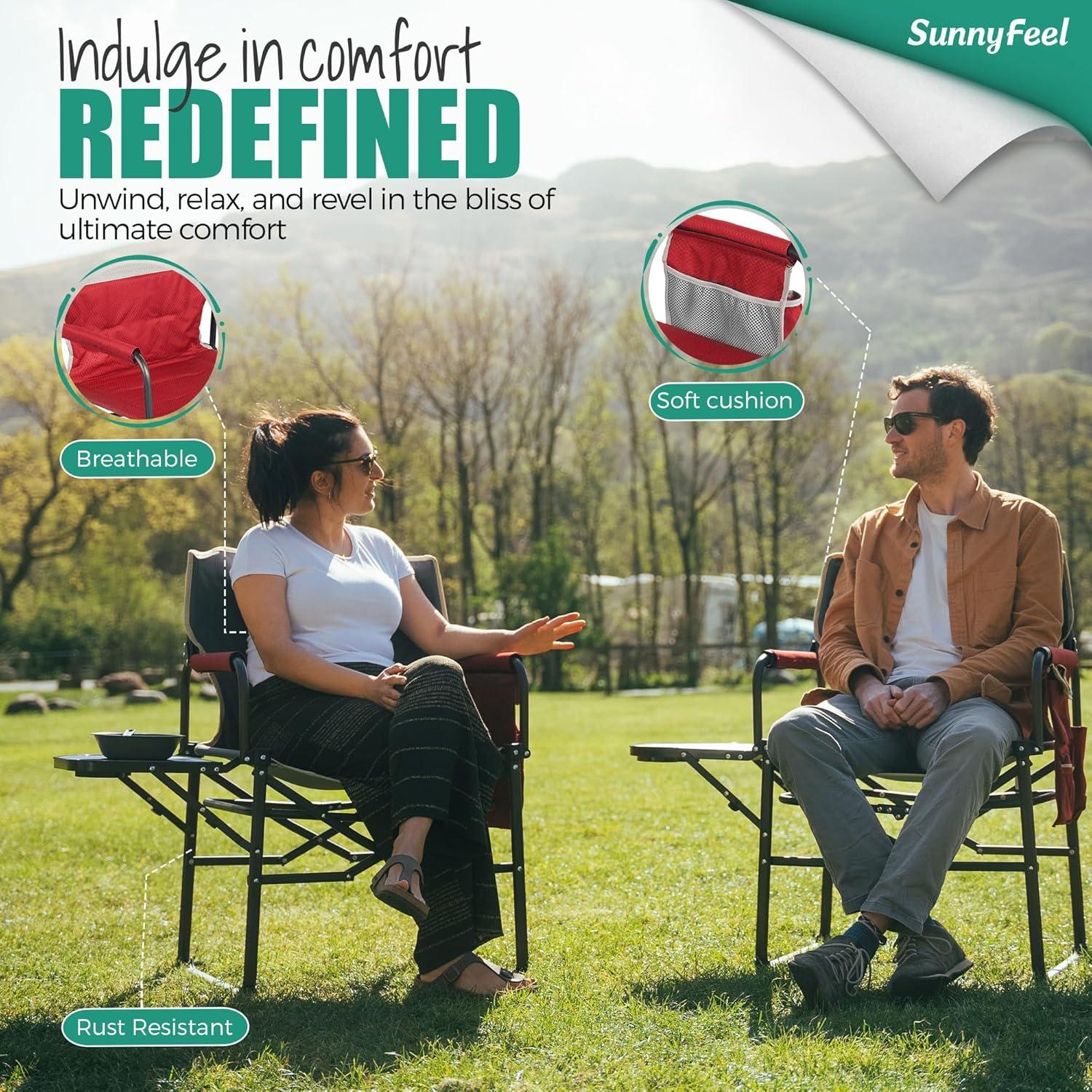 image:imageSUNNYFEEL Camping Directors Chair Heavy DutyOversized Portable Folding Chair with Side Table Pocket for Beach FishingTripPicnicLawnConcert Outdoor Foldable Camp ChairsPadded Red2set