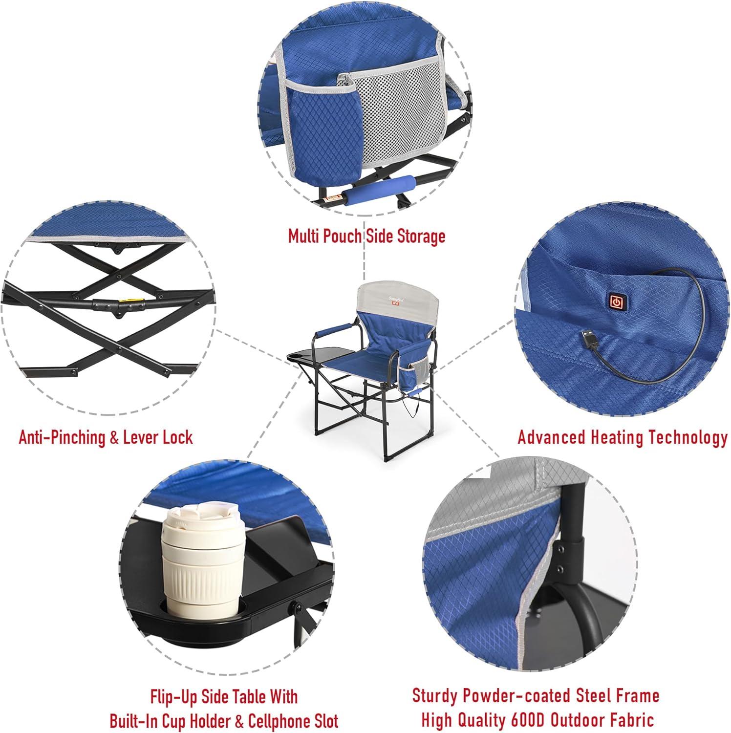 image:imageSUNNYFEEL Camping Directors Chair Heavy DutyOversized Portable Folding Chair with Side Table Pocket for Beach FishingTripPicnicLawnConcert Outdoor Foldable Camp ChairsHeated Blue