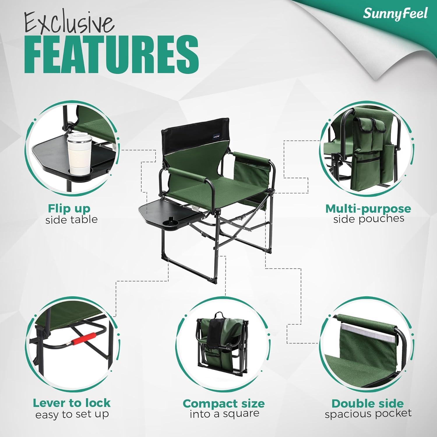 image:imageSUNNYFEEL Camping Directors Chair Heavy DutyOversized Portable Folding Chair with Side Table Pocket for Beach FishingTripPicnicLawnConcert Outdoor Foldable Camp ChairsGreen2set