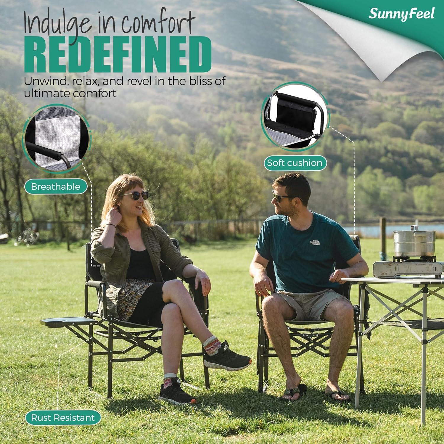 image:imageSUNNYFEEL Camping Directors Chair Heavy DutyOversized Portable Folding Chair with Side Table Pocket for Beach FishingTripPicnicLawnConcert Outdoor Foldable Camp ChairsXL Black2set