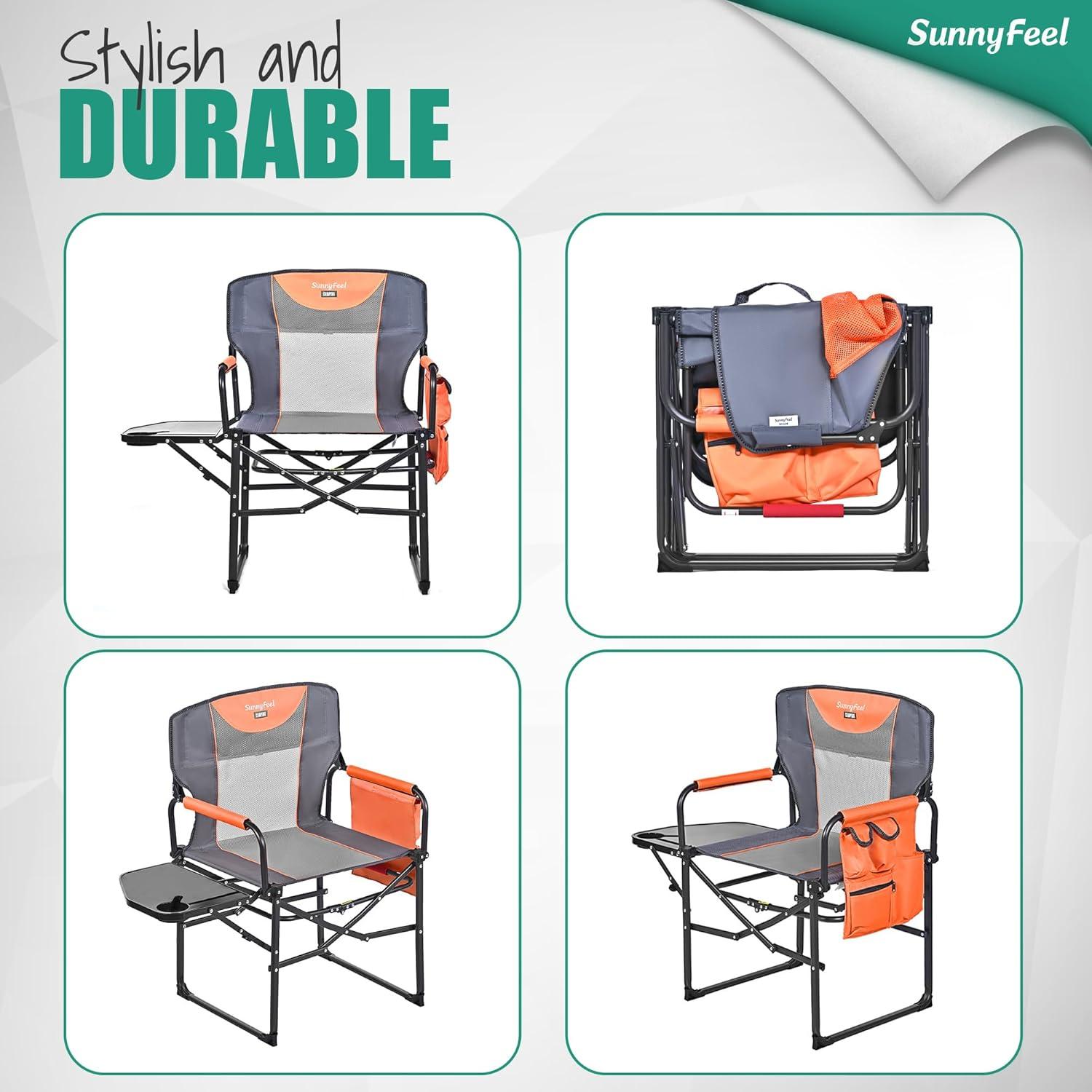 image:imageSUNNYFEEL Camping Directors Chair Heavy DutyOversized Portable Folding Chair with Side Table Pocket for Beach FishingTripPicnicLawnConcert Outdoor Foldable Camp ChairsOrange2set