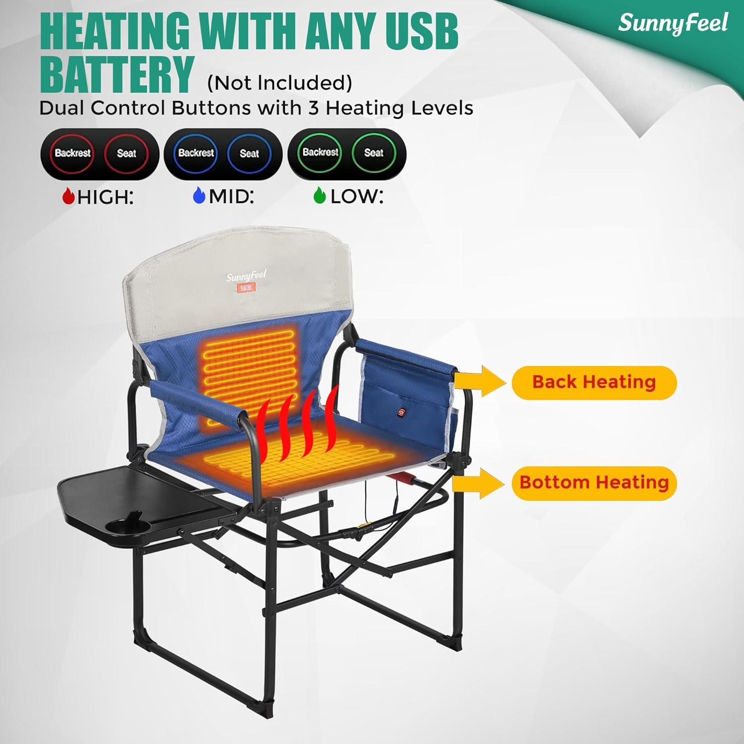 image:imageSUNNYFEEL Camping Directors Chair Heavy DutyOversized Portable Folding Chair with Side Table Pocket for Beach FishingTripPicnicLawnConcert Outdoor Foldable Camp ChairsHeated Blue2set