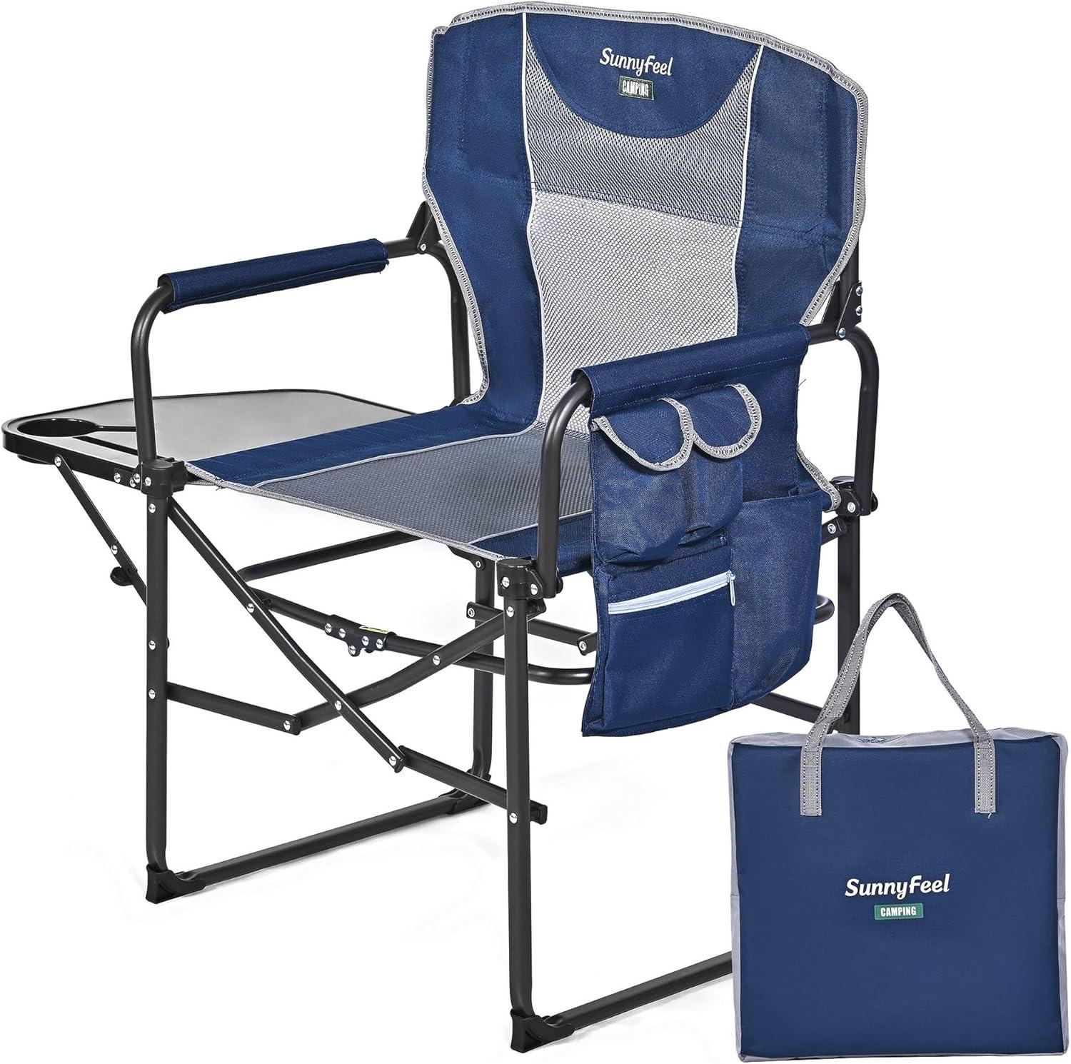 image:imageSUNNYFEEL Camping Directors Chair Heavy DutyOversized Portable Folding Chair with Side Table Pocket for Beach FishingTripPicnicLawnConcert Outdoor Foldable Camp ChairsNavy Blue