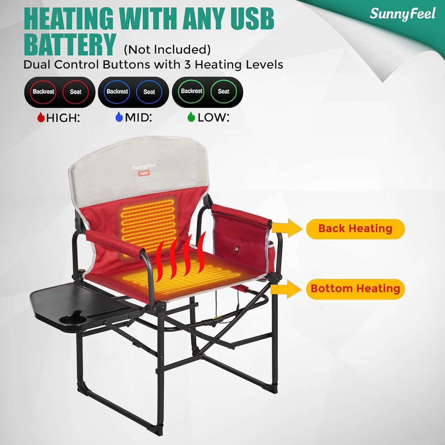 image:imageSUNNYFEEL Camping Directors Chair Heavy DutyOversized Portable Folding Chair with Side Table Pocket for Beach FishingTripPicnicLawnConcert Outdoor Foldable Camp ChairsHeated Red2set