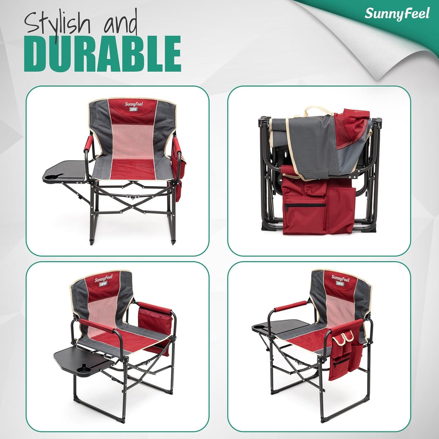 image:imageSUNNYFEEL Camping Directors Chair Heavy DutyOversized Portable Folding Chair with Side Table Pocket for Beach FishingTripPicnicLawnConcert Outdoor Foldable Camp ChairsRed2set