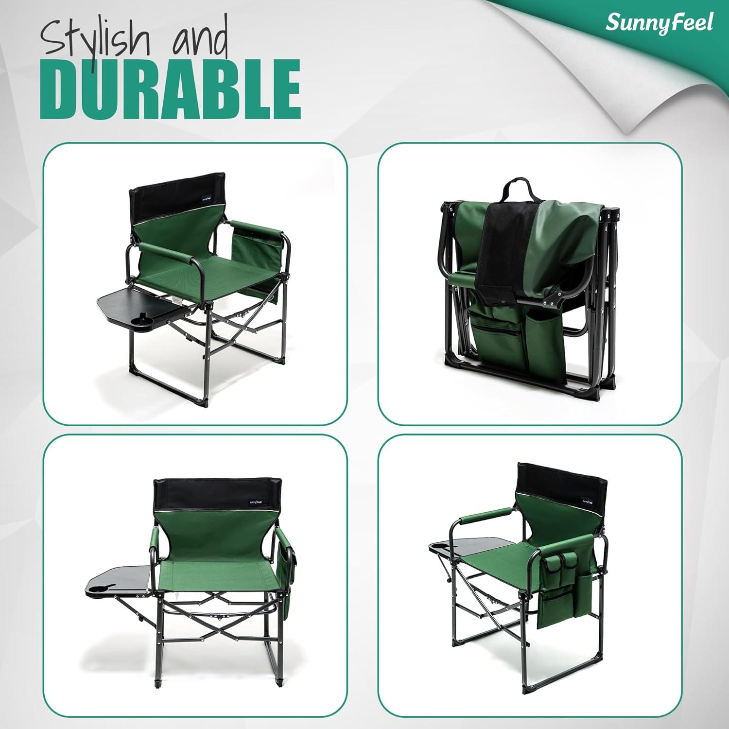 image:imageSUNNYFEEL Camping Directors Chair Heavy DutyOversized Portable Folding Chair with Side Table Pocket for Beach FishingTripPicnicLawnConcert Outdoor Foldable Camp ChairsGreen2set