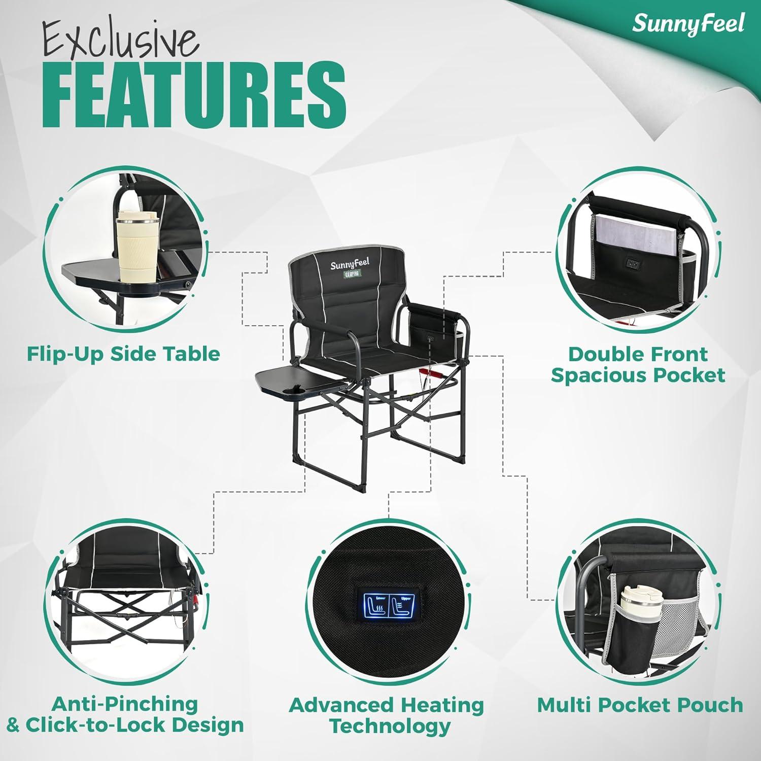 image:imageSUNNYFEEL Camping Directors Chair Heavy DutyOversized Portable Folding Chair with Side Table Pocket for Beach FishingTripPicnicLawnConcert Outdoor Foldable Camp ChairsHeated Black2set