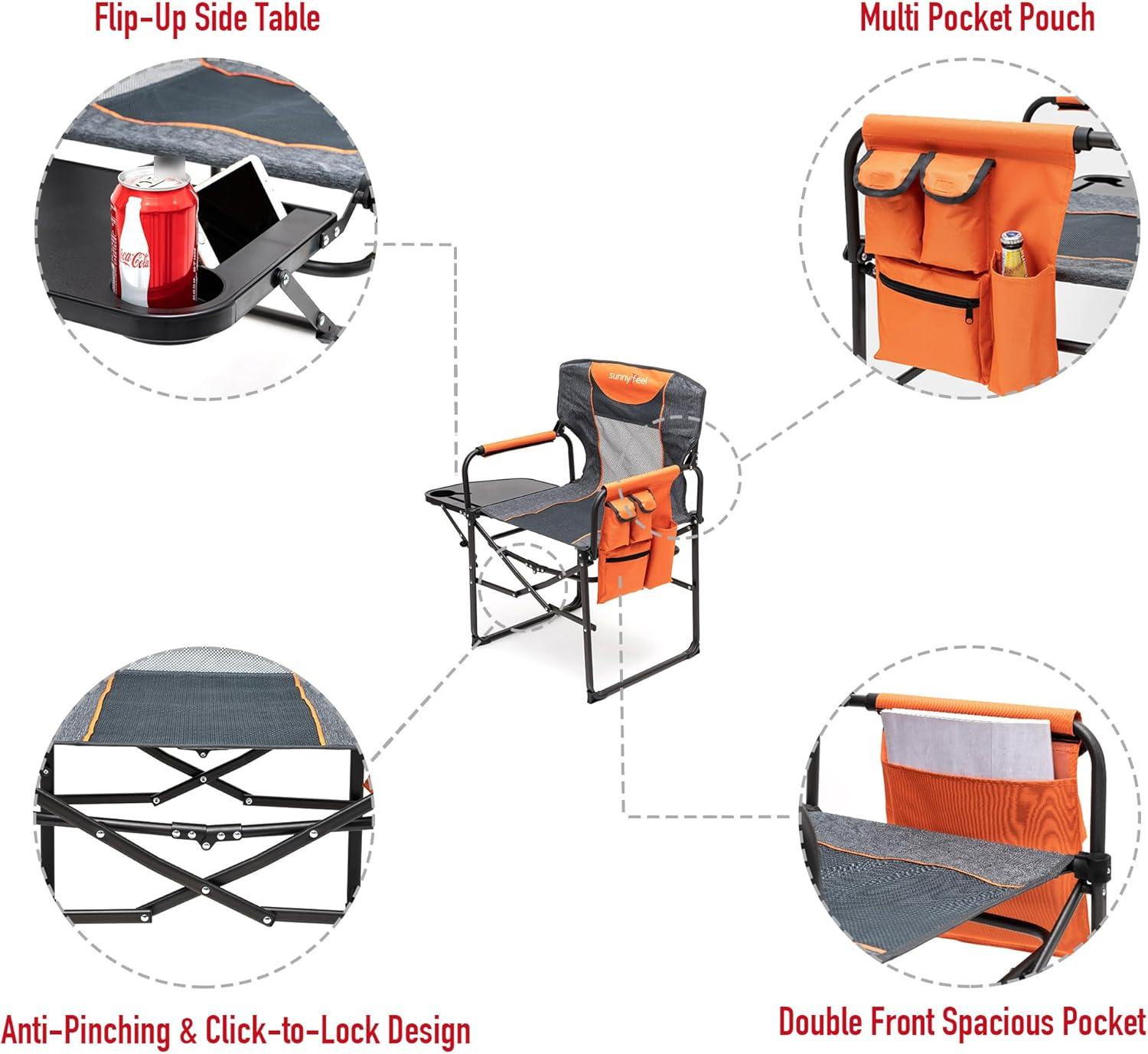 image:imageSUNNYFEEL Camping Directors Chair Heavy DutyOversized Portable Folding Chair with Side Table Pocket for Beach FishingTripPicnicLawnConcert Outdoor Foldable Camp ChairsOrange
