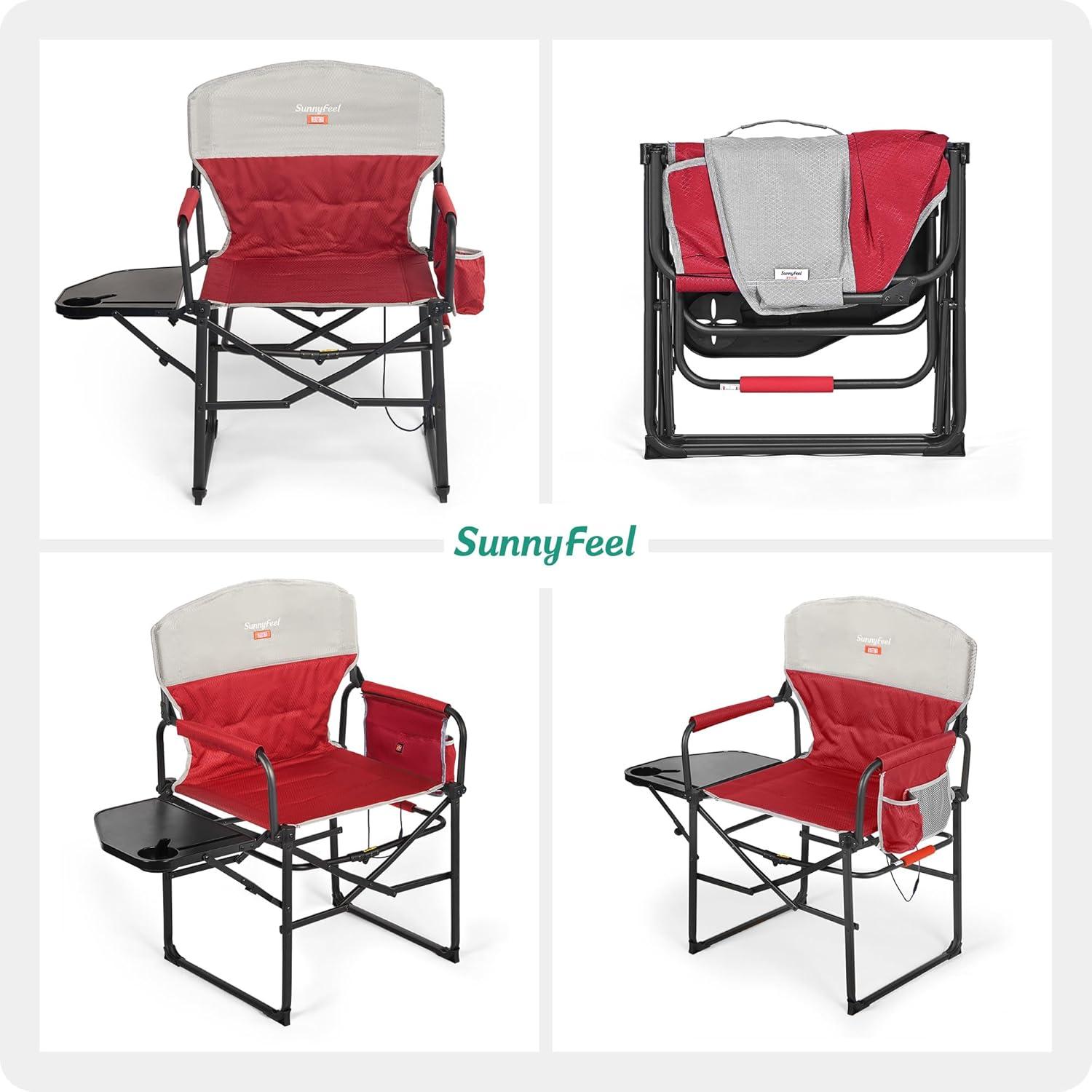 image:imageSUNNYFEEL Camping Directors Chair Heavy DutyOversized Portable Folding Chair with Side Table Pocket for Beach FishingTripPicnicLawnConcert Outdoor Foldable Camp ChairsHeated Red2set