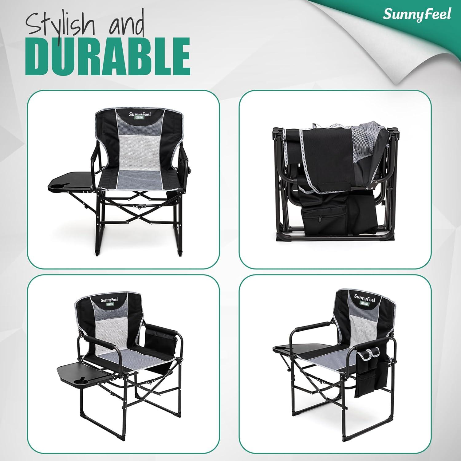 image:imageSUNNYFEEL Camping Directors Chair Heavy DutyOversized Portable Folding Chair with Side Table Pocket for Beach FishingTripPicnicLawnConcert Outdoor Foldable Camp ChairsXL Black