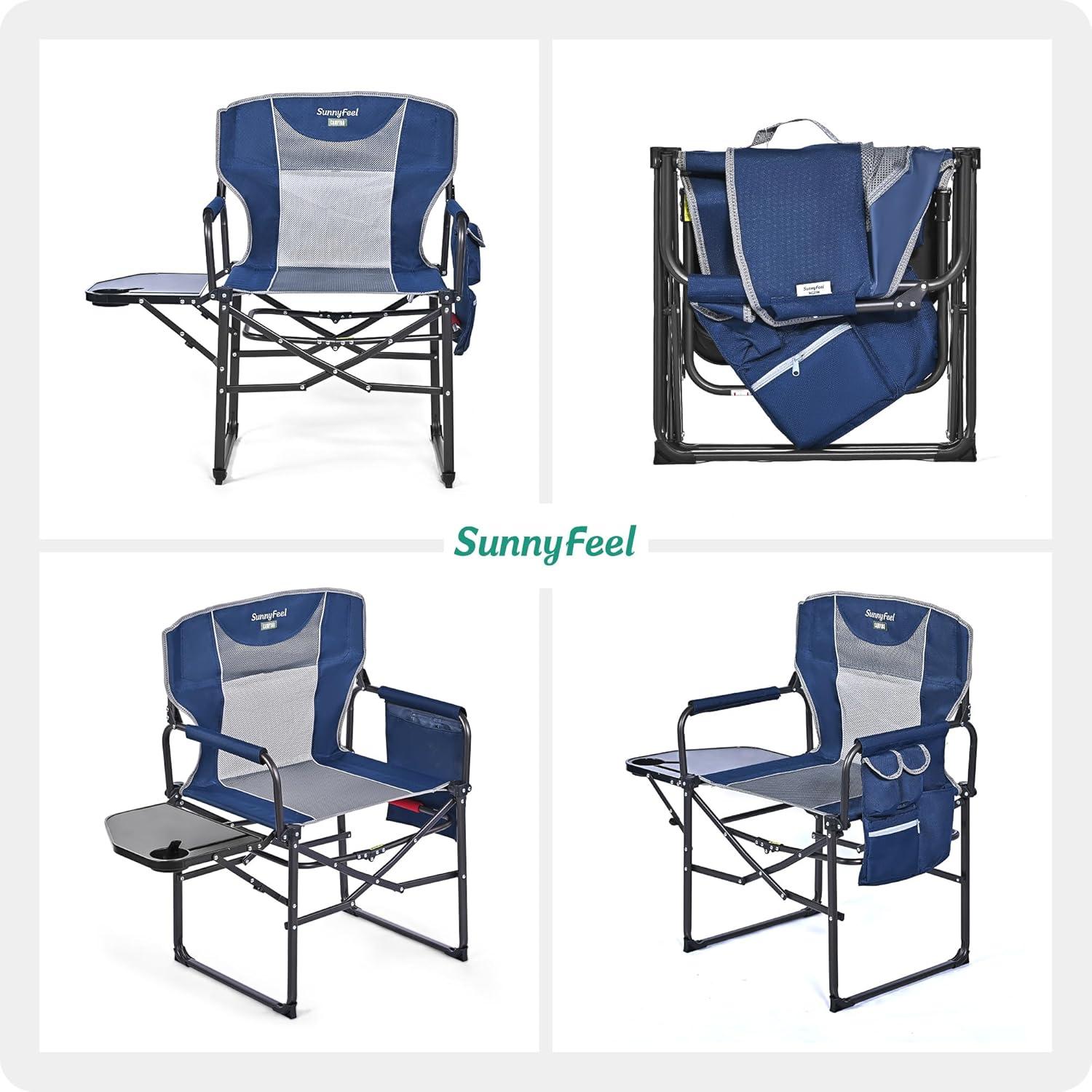 image:imageSUNNYFEEL Camping Directors Chair Heavy DutyOversized Portable Folding Chair with Side Table Pocket for Beach FishingTripPicnicLawnConcert Outdoor Foldable Camp ChairsNavy Blue