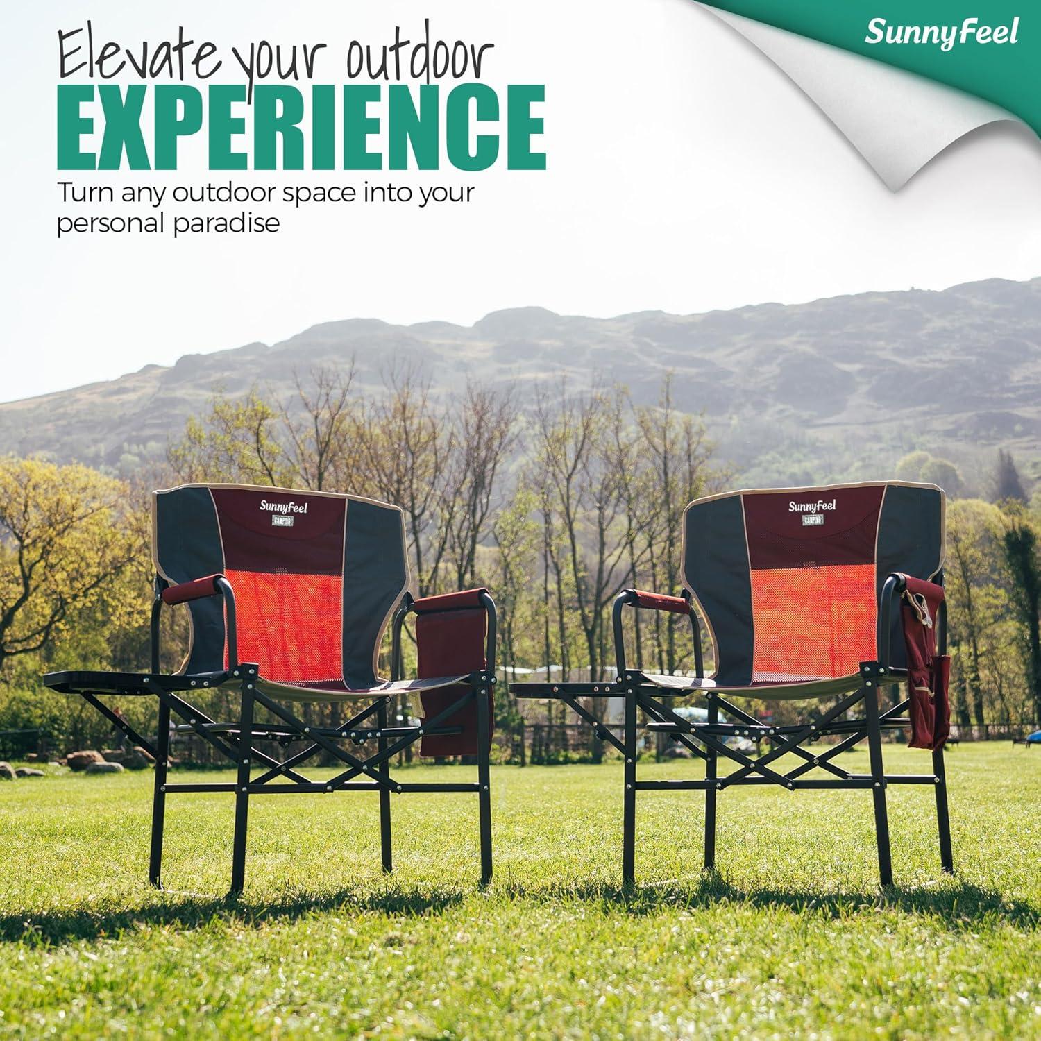 image:imageSUNNYFEEL Camping Directors Chair Heavy DutyOversized Portable Folding Chair with Side Table Pocket for Beach FishingTripPicnicLawnConcert Outdoor Foldable Camp ChairsRed2set
