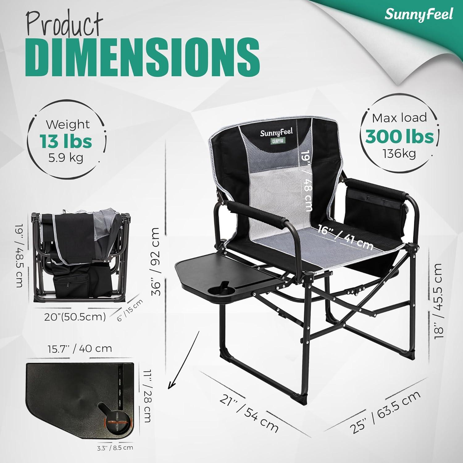 image:imageSUNNYFEEL Camping Directors Chair Heavy DutyOversized Portable Folding Chair with Side Table Pocket for Beach FishingTripPicnicLawnConcert Outdoor Foldable Camp ChairsBlack Grey