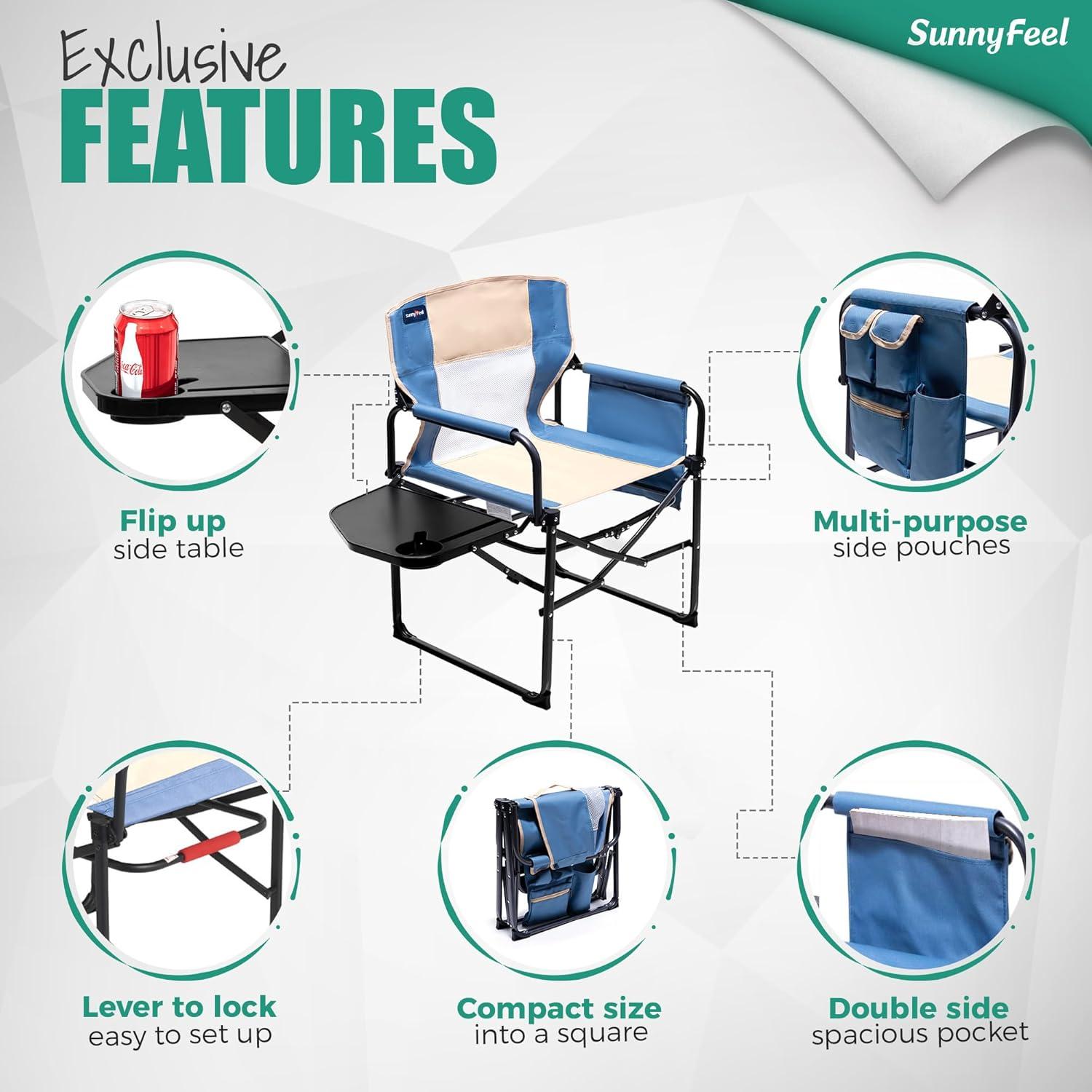 image:imageSUNNYFEEL Camping Directors Chair Heavy DutyOversized Portable Folding Chair with Side Table Pocket for Beach FishingTripPicnicLawnConcert Outdoor Foldable Camp ChairsLight Blue