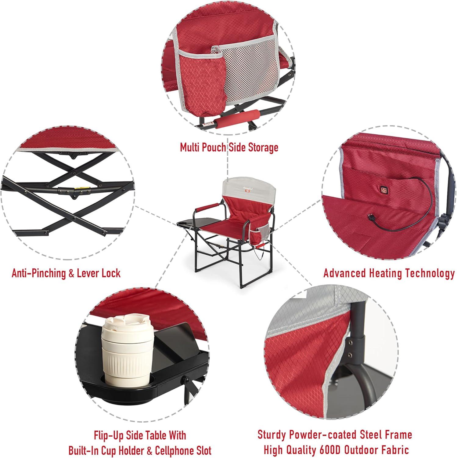 image:imageSUNNYFEEL Camping Directors Chair Heavy DutyOversized Portable Folding Chair with Side Table Pocket for Beach FishingTripPicnicLawnConcert Outdoor Foldable Camp ChairsHeated Red2set