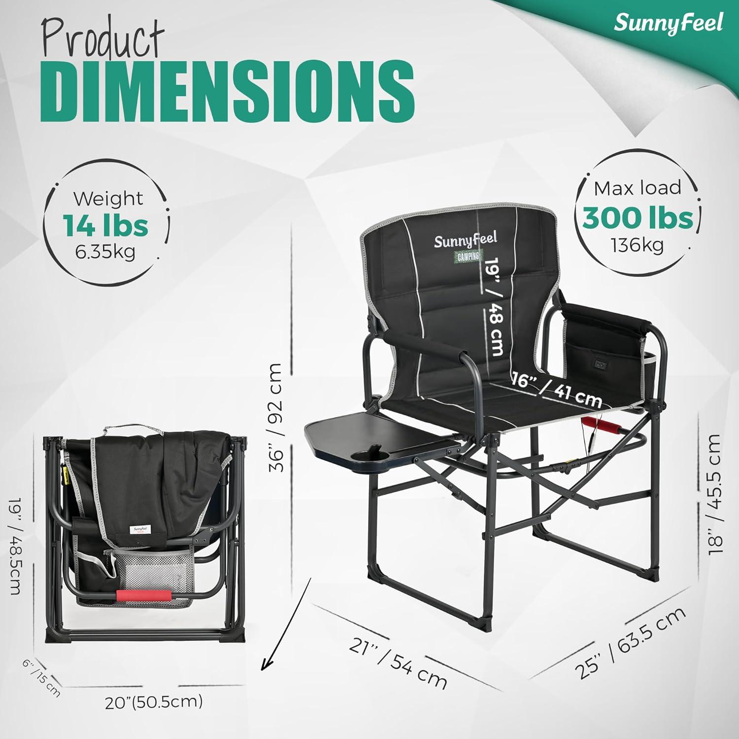 image:imageSUNNYFEEL Camping Directors Chair Heavy DutyOversized Portable Folding Chair with Side Table Pocket for Beach FishingTripPicnicLawnConcert Outdoor Foldable Camp ChairsHeated Black