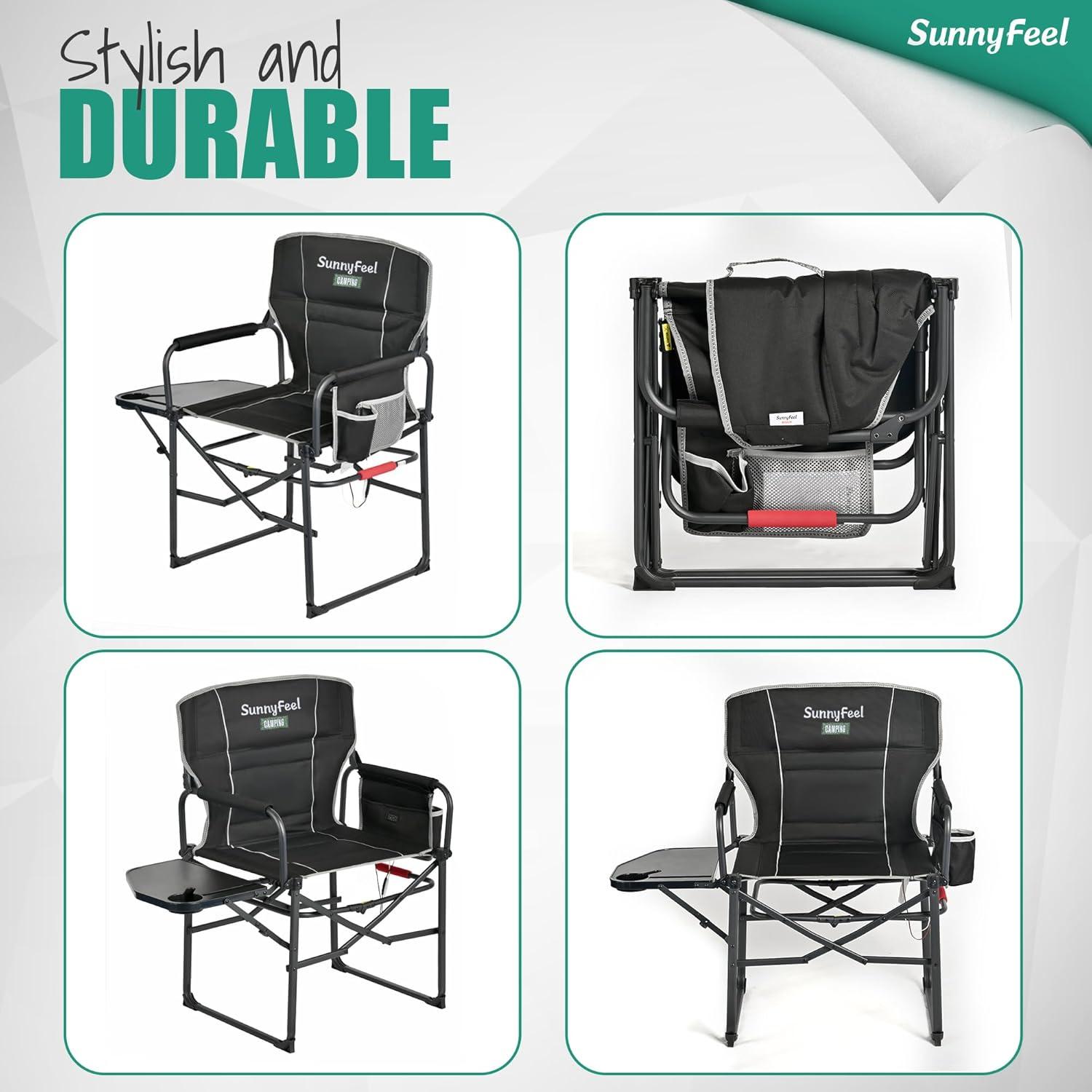 image:imageSUNNYFEEL Camping Directors Chair Heavy DutyOversized Portable Folding Chair with Side Table Pocket for Beach FishingTripPicnicLawnConcert Outdoor Foldable Camp ChairsHeated Black2set