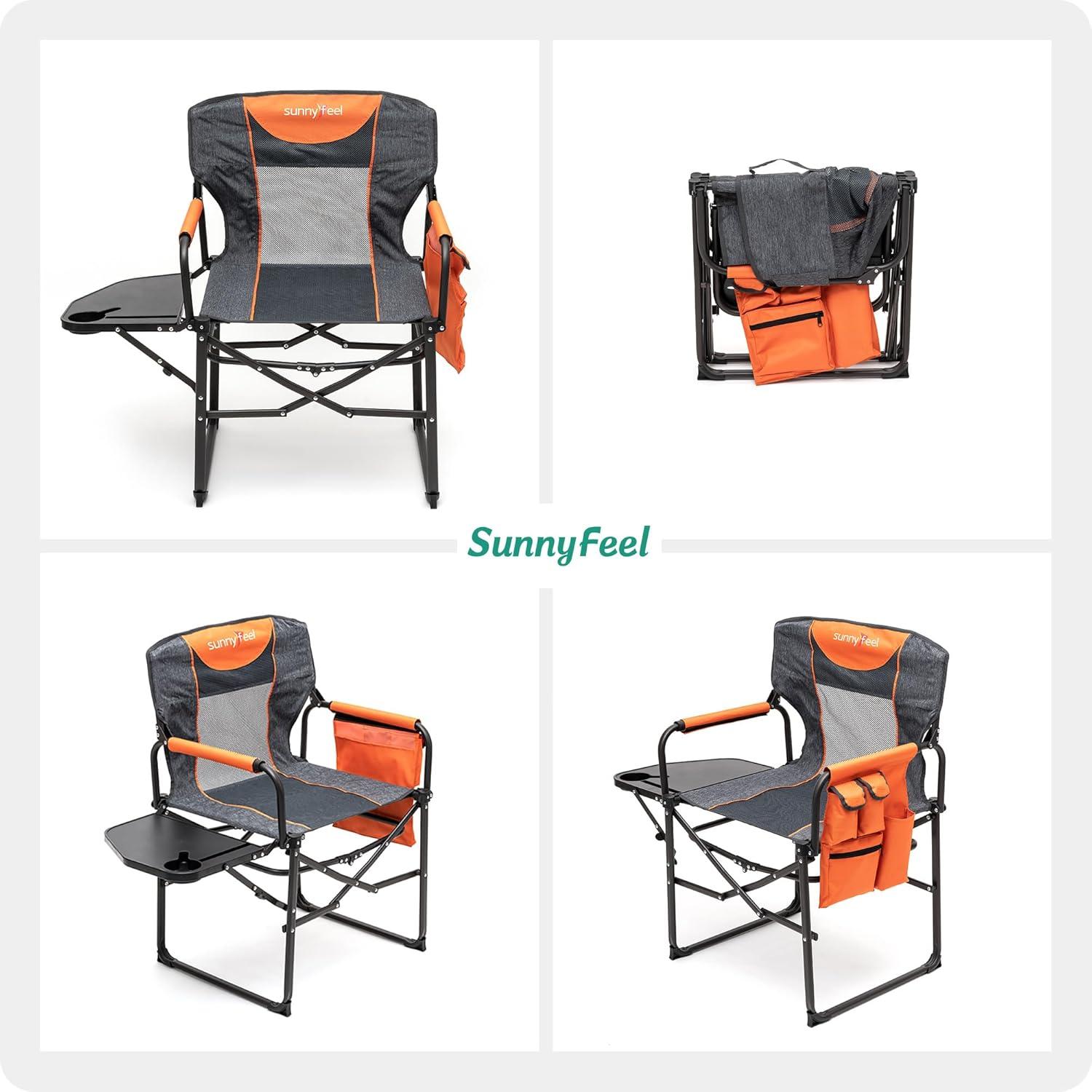 image:imageSUNNYFEEL Camping Directors Chair Heavy DutyOversized Portable Folding Chair with Side Table Pocket for Beach FishingTripPicnicLawnConcert Outdoor Foldable Camp ChairsOrange