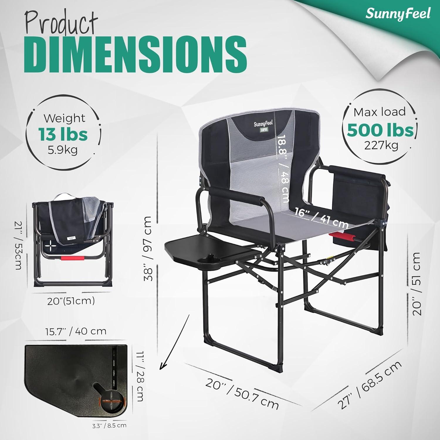 image:imageSUNNYFEEL Camping Directors Chair Heavy DutyOversized Portable Folding Chair with Side Table Pocket for Beach FishingTripPicnicLawnConcert Outdoor Foldable Camp ChairsXL Black