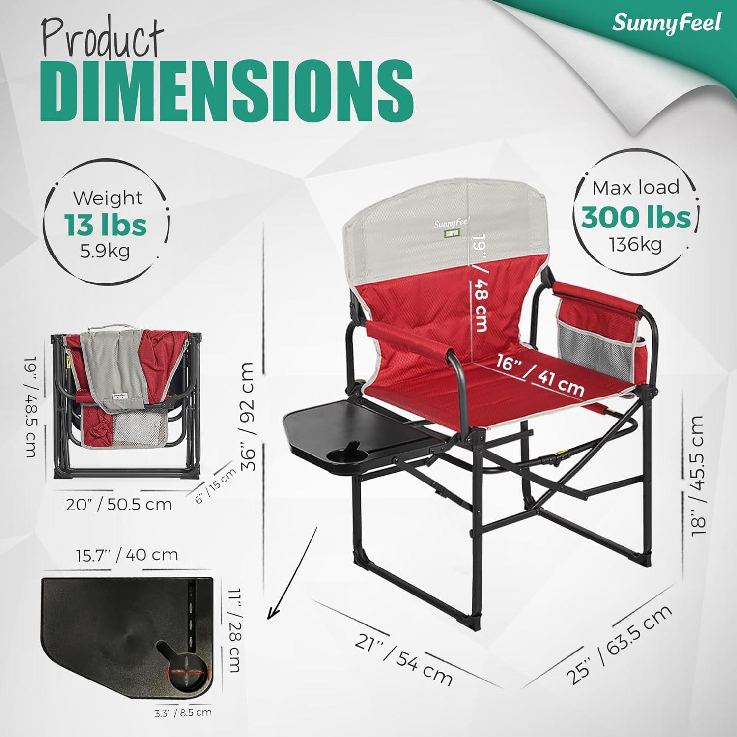 image:imageSUNNYFEEL Camping Directors Chair Heavy DutyOversized Portable Folding Chair with Side Table Pocket for Beach FishingTripPicnicLawnConcert Outdoor Foldable Camp ChairsPadded Red2set