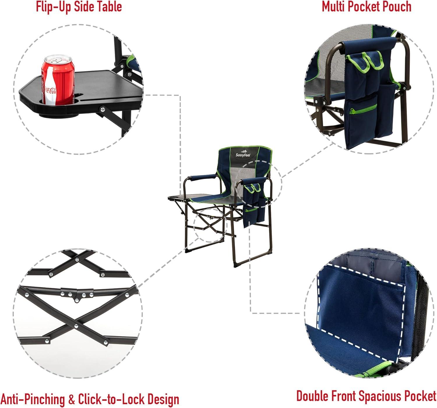 image:imageSUNNYFEEL Camping Directors Chair Heavy DutyOversized Portable Folding Chair with Side Table Pocket for Beach FishingTripPicnicLawnConcert Outdoor Foldable Camp ChairsNavy Blue2set