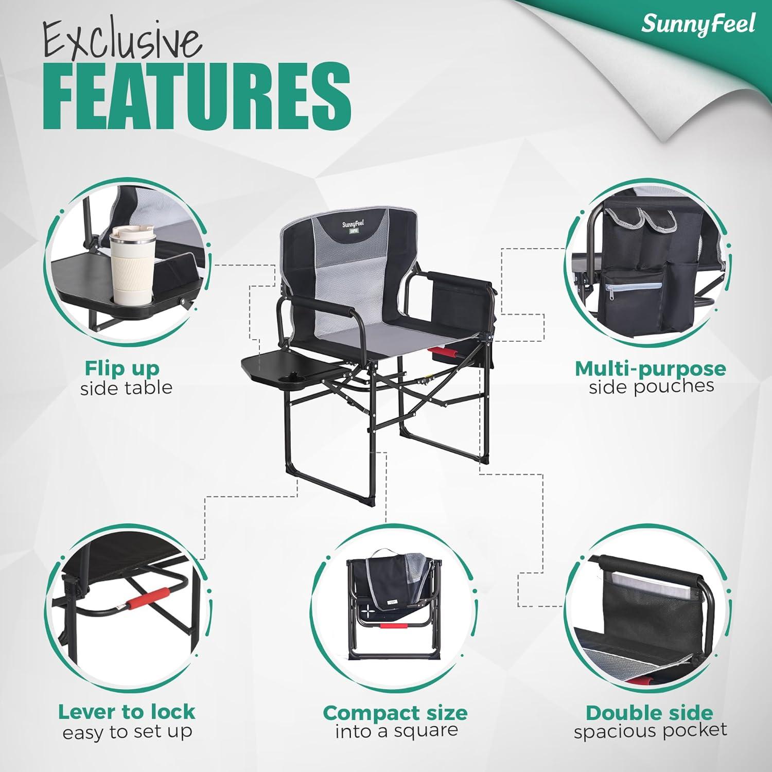 image:imageSUNNYFEEL Camping Directors Chair Heavy DutyOversized Portable Folding Chair with Side Table Pocket for Beach FishingTripPicnicLawnConcert Outdoor Foldable Camp ChairsXL Black2set