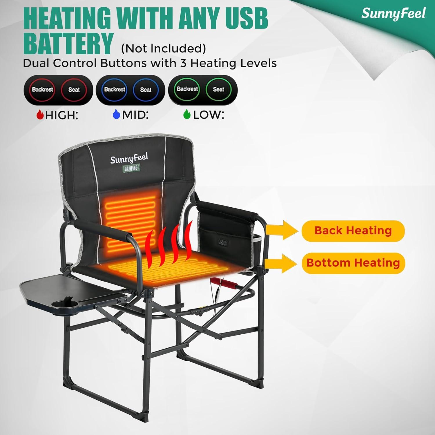 image:imageSUNNYFEEL Camping Directors Chair Heavy DutyOversized Portable Folding Chair with Side Table Pocket for Beach FishingTripPicnicLawnConcert Outdoor Foldable Camp ChairsHeated Black2set