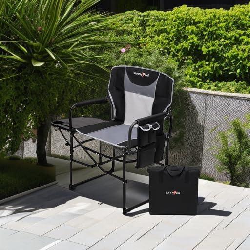 image:imageSUNNYFEEL Camping Directors Chair Heavy DutyOversized Portable Folding Chair with Side Table Pocket for Beach FishingTripPicnicLawnConcert Outdoor Foldable Camp ChairsBlack Grey