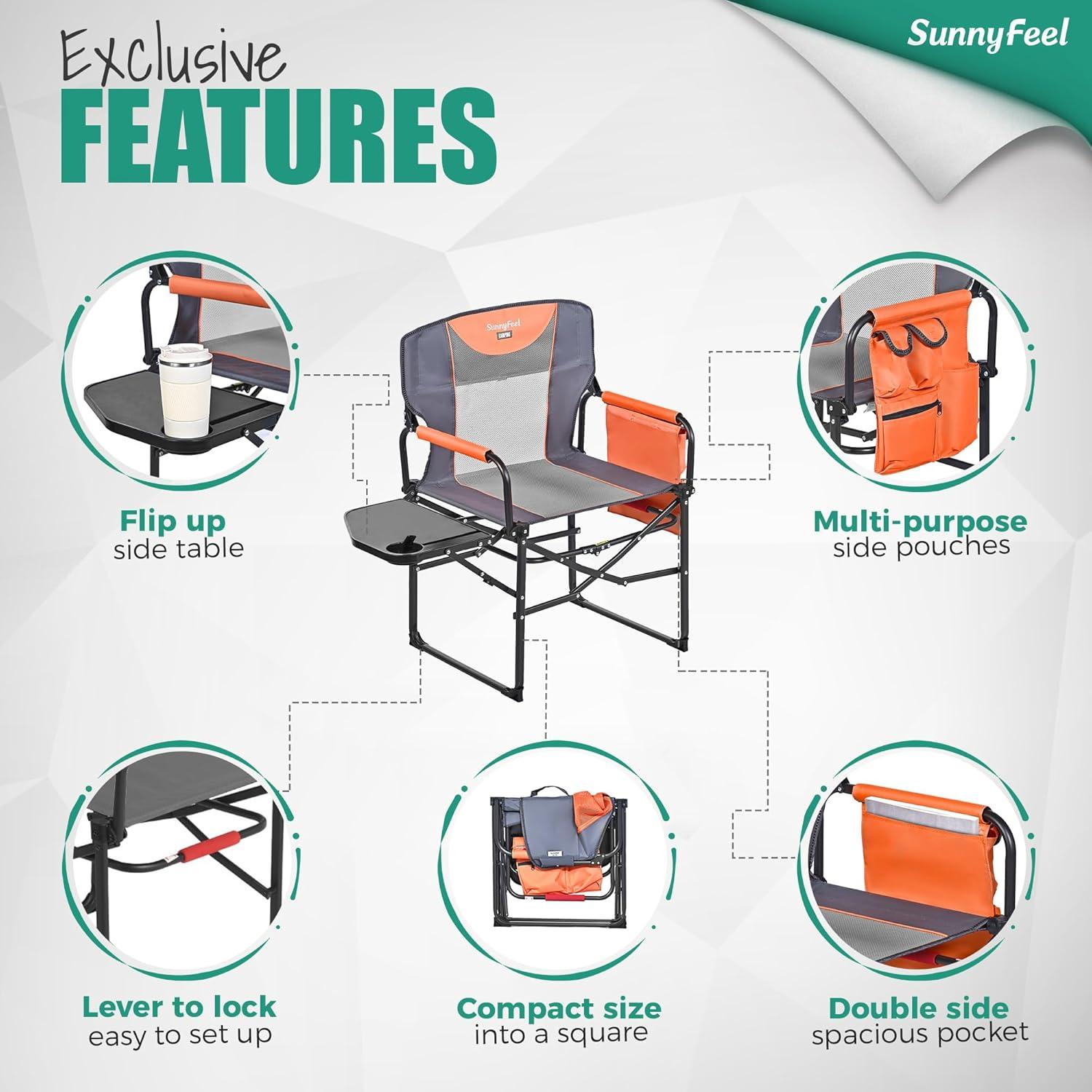 image:imageSUNNYFEEL Camping Directors Chair Heavy DutyOversized Portable Folding Chair with Side Table Pocket for Beach FishingTripPicnicLawnConcert Outdoor Foldable Camp ChairsOrange2set