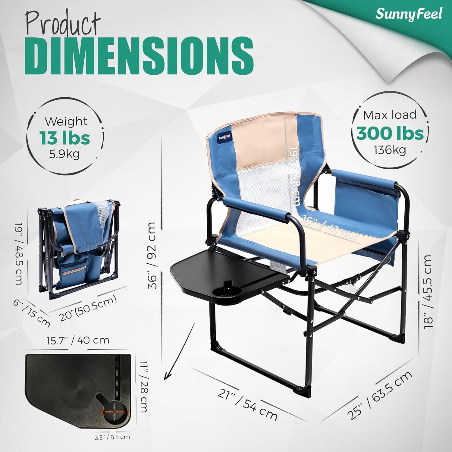 image:imageSUNNYFEEL Camping Directors Chair Heavy DutyOversized Portable Folding Chair with Side Table Pocket for Beach FishingTripPicnicLawnConcert Outdoor Foldable Camp ChairsLight Blue