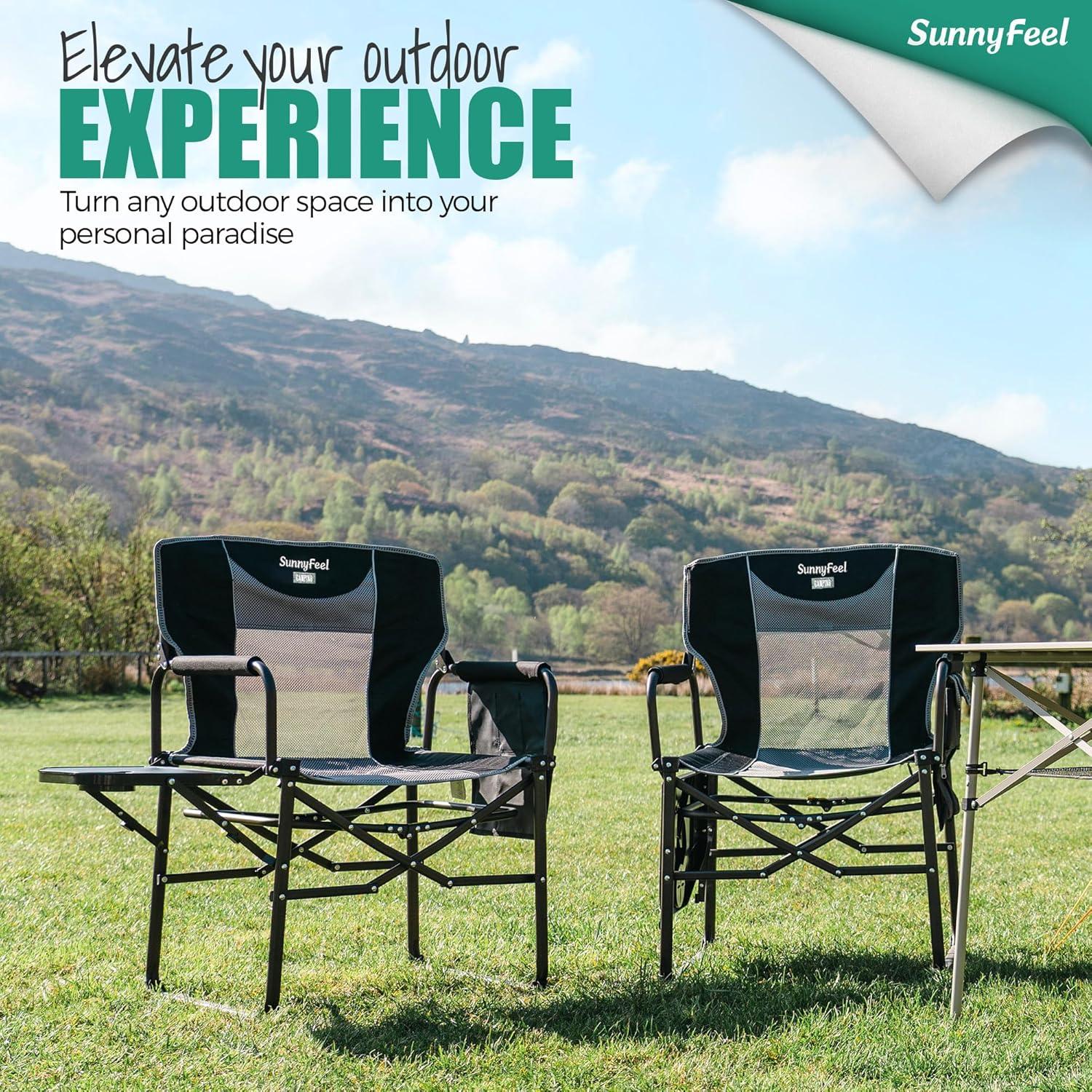 image:imageSUNNYFEEL Camping Directors Chair Heavy DutyOversized Portable Folding Chair with Side Table Pocket for Beach FishingTripPicnicLawnConcert Outdoor Foldable Camp ChairsXL Black2set