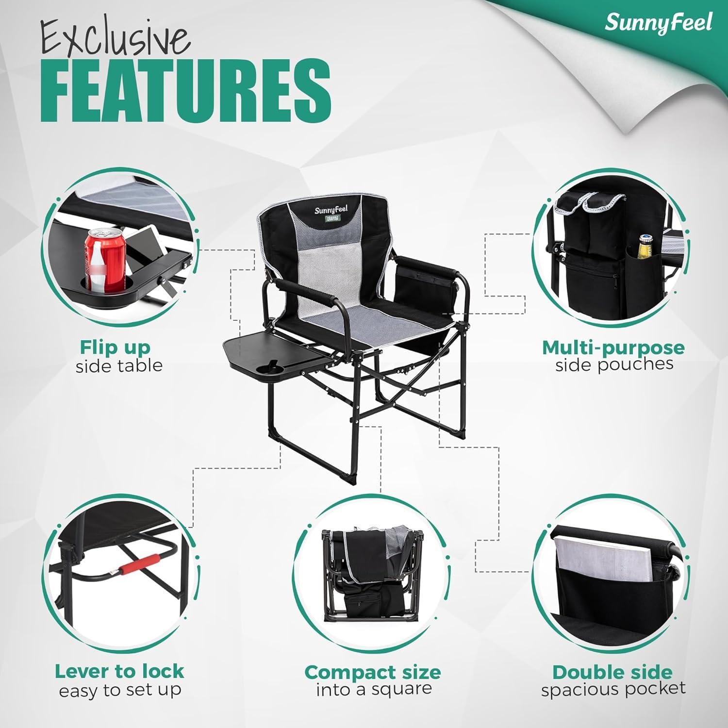 image:imageSUNNYFEEL Camping Directors Chair Heavy DutyOversized Portable Folding Chair with Side Table Pocket for Beach FishingTripPicnicLawnConcert Outdoor Foldable Camp ChairsXL Black