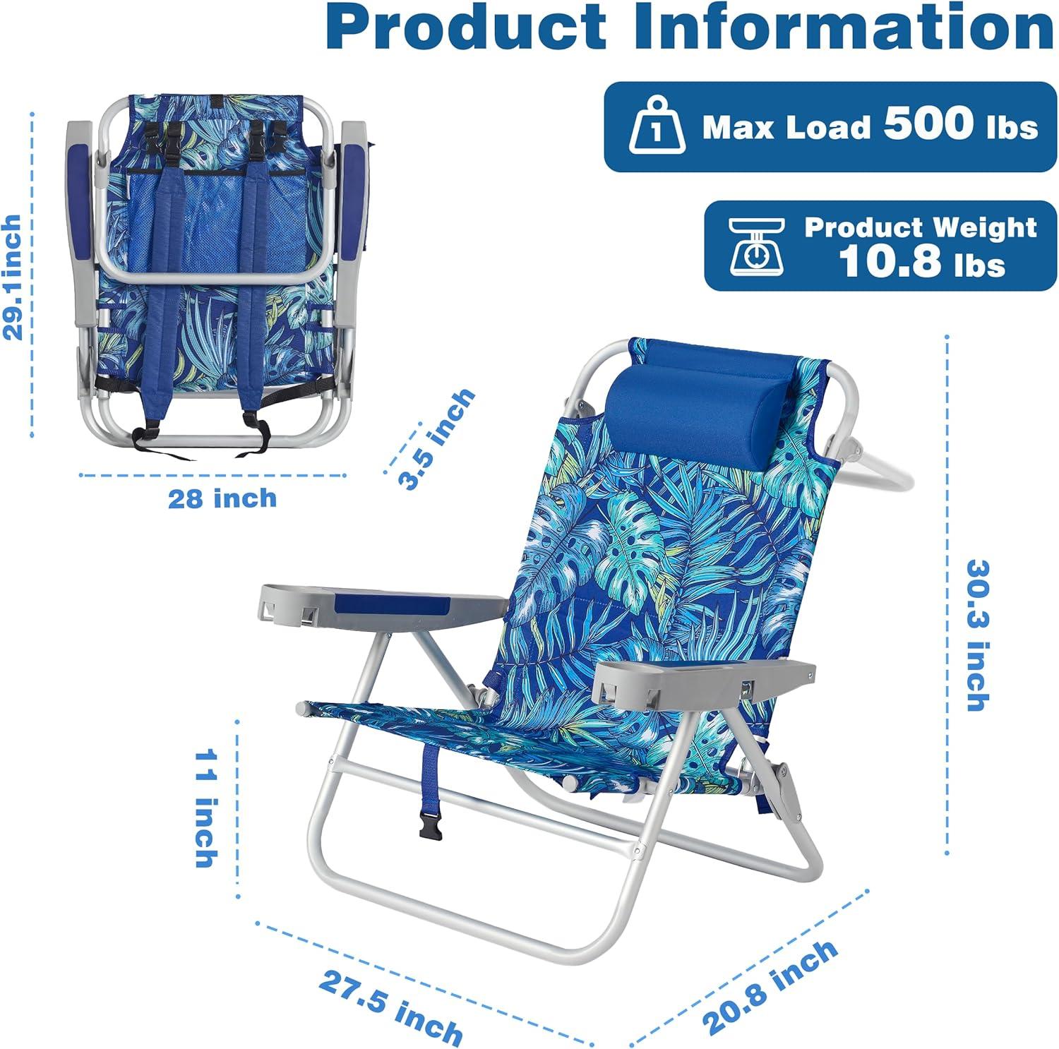 image:imageSUNNYFEEL Extra Wide 28 Low Beach Chair 5 Position Lay Flat XL Oversized Portable Folding Camping Chairs with Cup Holder for OutdoorTrip Lightweight Foldable Backpack Beach Chair for AdultsRainforest