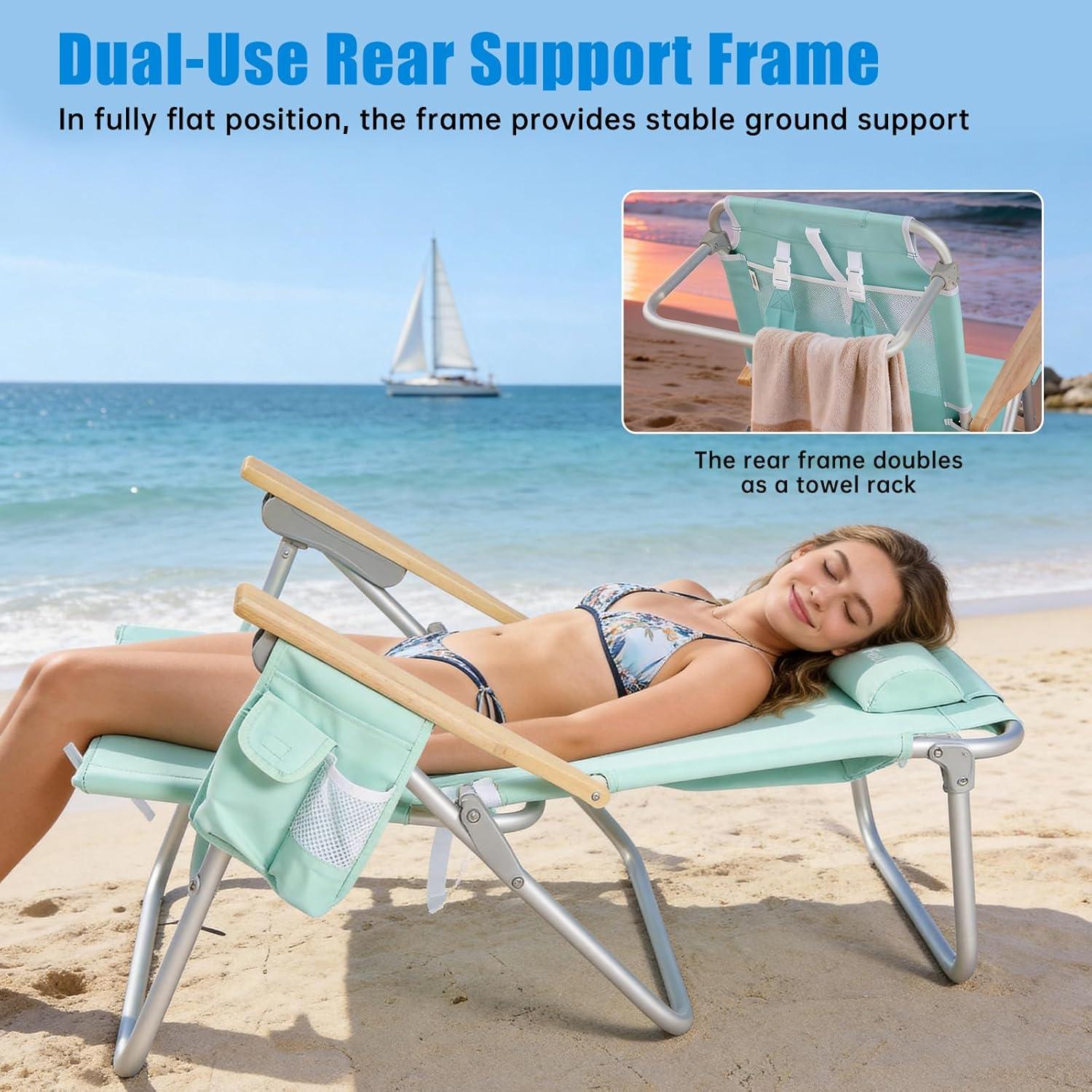 image:imageSUNNYFEEL Extra Wide 28 Low Beach Chair 5 Position Lay Flat XL Oversized Portable Folding Camping Chairs with Cup Holder for OutdoorTrip Lightweight Foldable Backpack Beach Chair for AdultsGreen