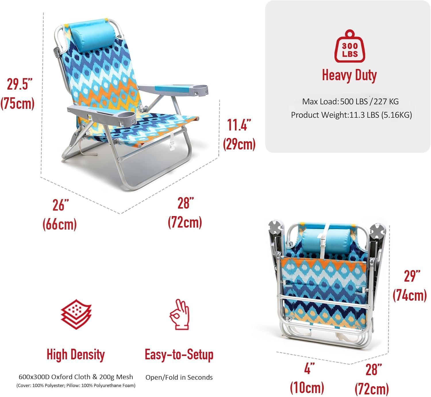 image:imageSUNNYFEEL Extra Wide 28 Low Beach Chair 5 Position Lay Flat XL Oversized Portable Folding Camping Chairs with Cup Holder for OutdoorTrip Lightweight Foldable Backpack Beach Chair for AdultsBlue Wave